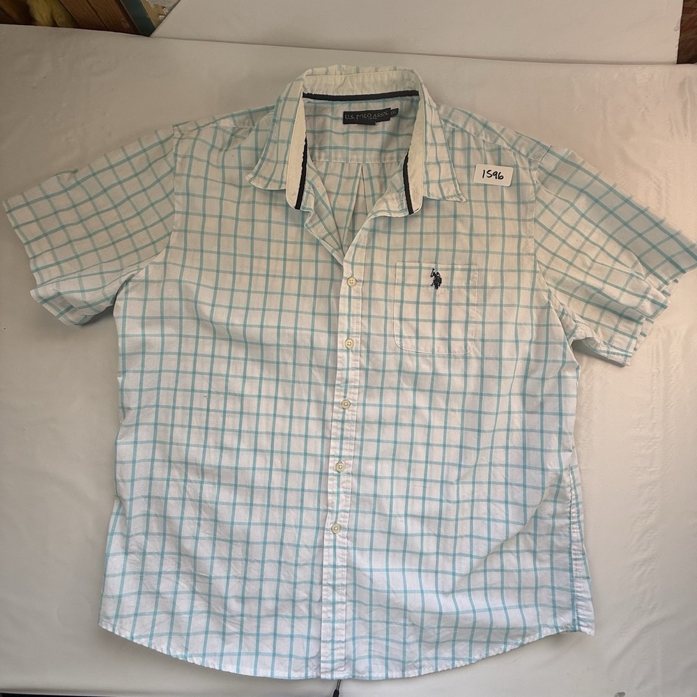U.S. Polo Assn Mens Short Sleeve Button Shirt XL White Aqua Plaid Pocket Logo